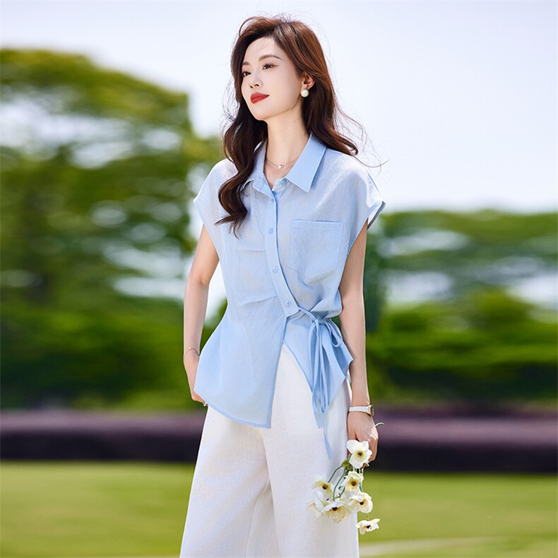 时尚休闲套装女夏季薄款2025新款高级感减龄短袖衬衫阔腿裤两件套,女装套装/套裙,靓衣阁