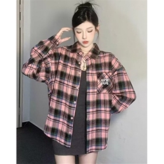 粉色格子衬衫女休闲上衣宽松型五分袖常规款翻领常规开衫C59，男装T恤，星座1116A（原606A-3）