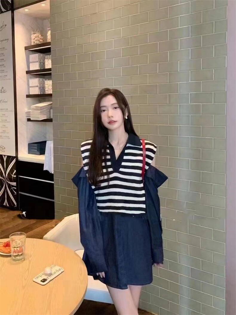 秋季新款漏肩牛仔衬衫?马甲两件套，女装衬衫，lstana