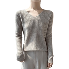 V领羊毛衫秋冬新款坑条修身针织打底套头毛衣女，女装羊毛衫，君贝羊绒