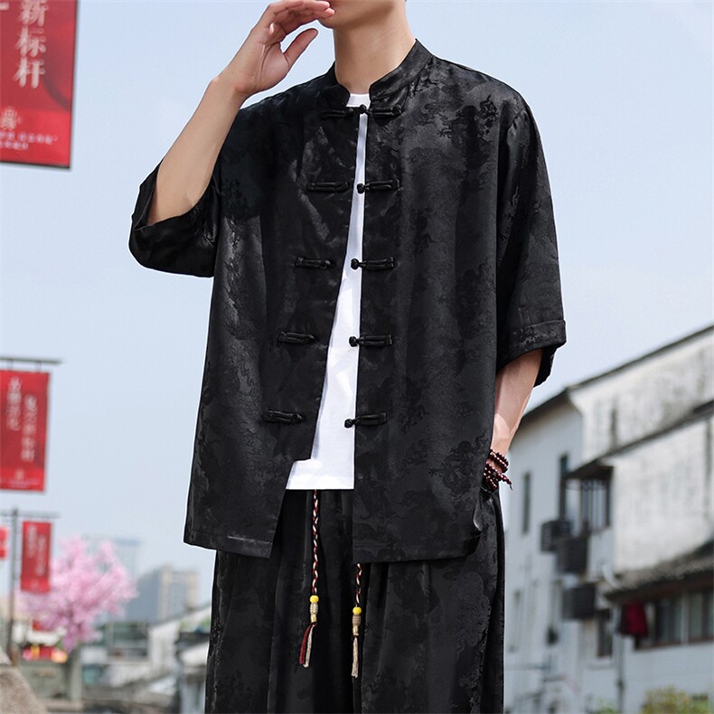 新中式七分袖衬衫男2025夏季新款大码盘扣上衣,男装衬衫,电商A008