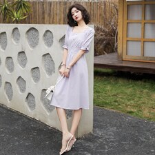 花边方领格纹泡泡袖连衣裙，女装连衣裙，韩蔻秀