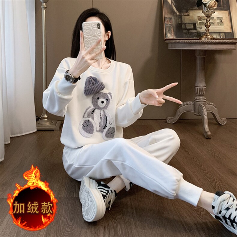 女秋冬卡通小熊加绒圆领卫衣休闲套装,女装套装/套裙,江南
