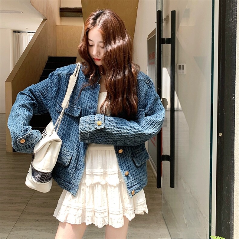 轻熟气质复古深蓝色肌理感立领牛仔小香风外套女秋，女装短外套，浙宝113