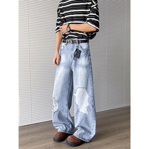 美式街头水洗做旧破洞牛仔裤男欧美高街vibe风长裤子N07816-P50图片