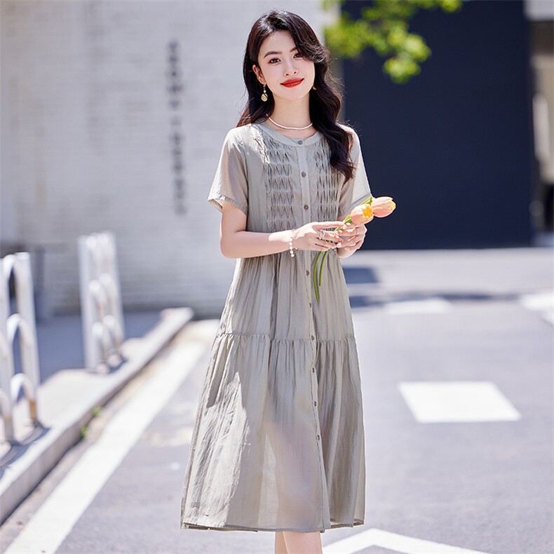 温柔风甜美黄色收腰显瘦连衣裙女2025新款夏季短袖绝美气质长裙子,女装连衣裙,梦芯尔