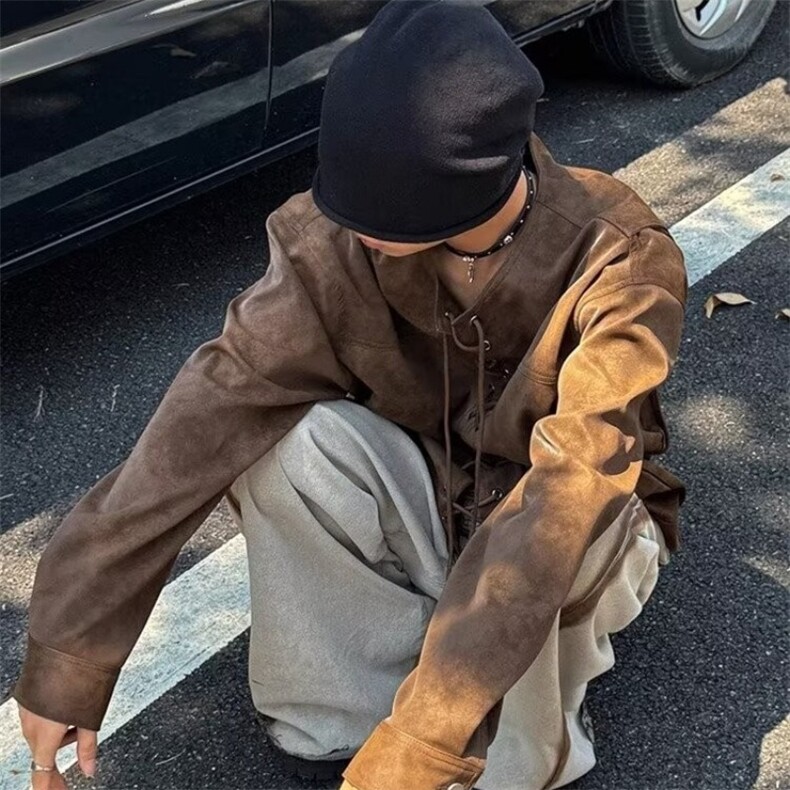 抽绳对襟皮衣外套男春秋季美拉德夹克小众痞帅上衣服JKW34,男装皮衣,星座516A