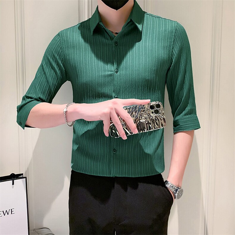 店主风社会小伙男士纯色中袖衬衫男休闲修身衬衣301A-1/CS385/P55,男装衬衫,星座301A-1