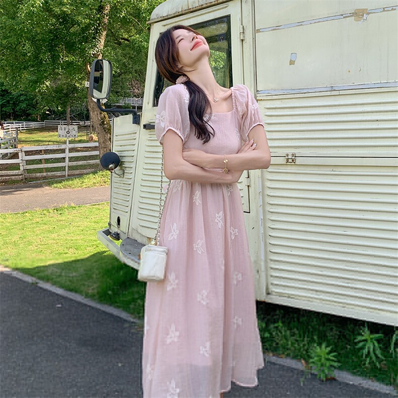 法式复古刺绣蝴蝶结连衣裙女2025夏季新款时尚收腰显瘦气质长裙子,女装连衣裙,2D075