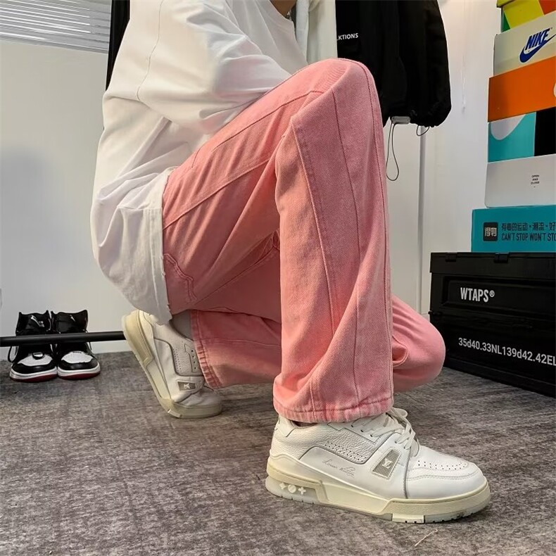 粉色牛仔裤男设计感小众hiphop炸街子高街ins潮流直筒NK8016-P48,男装牛仔裤,星座1008