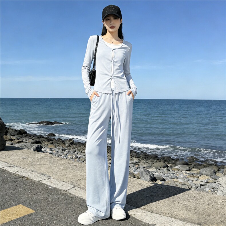 欧货休闲时尚套装女春季新款圆领拼接假两件短款上衣阔腿裤两件套图片