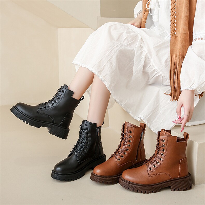 厚底马丁靴女英伦风2023秋季新款女鞋休闲皮面系带短靴子女，女鞋马丁靴，电商A223