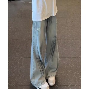 美式街头复古蓝水洗扎染破洞牛仔裤男夏薄款阔腿直筒裤A8041-P52图片