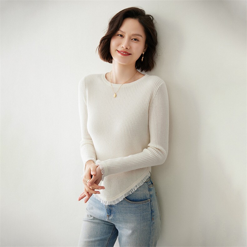 时尚流苏下摆圆领女士35%羊绒衫舒适保暖显瘦毛衣,女装羊绒衫,迎冬羊绒