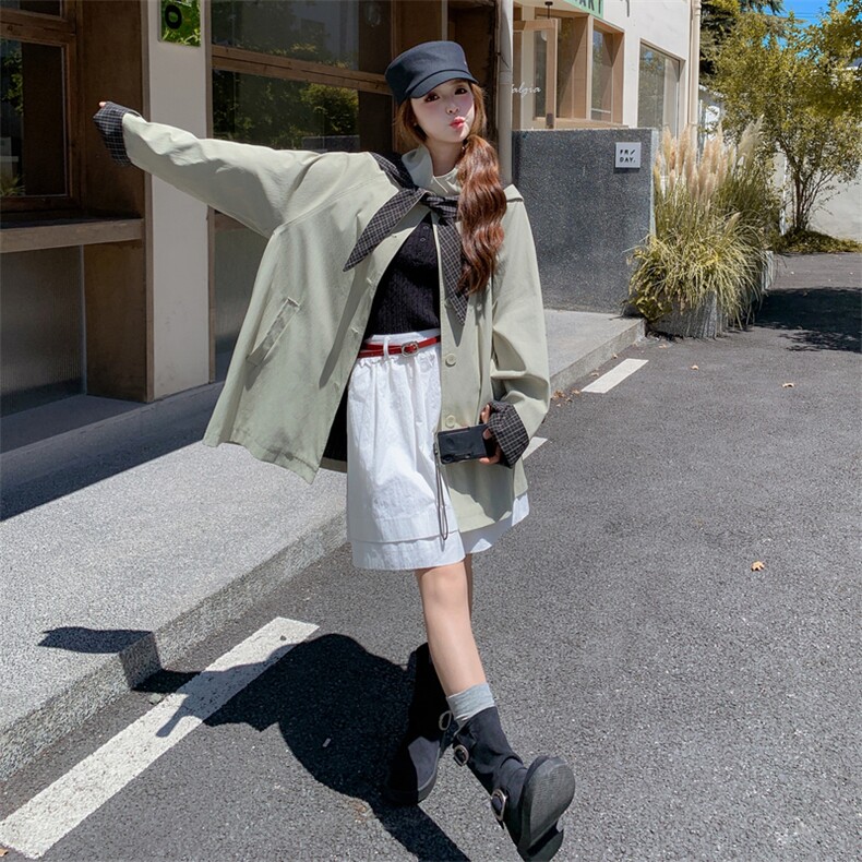 新款主推拼接格纹连帽中长款风衣2608-P185-K268,女装短外套,2C129