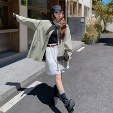 新款主推拼接格纹连帽中长款风衣2608-P185-K268，女装短外套，2C129