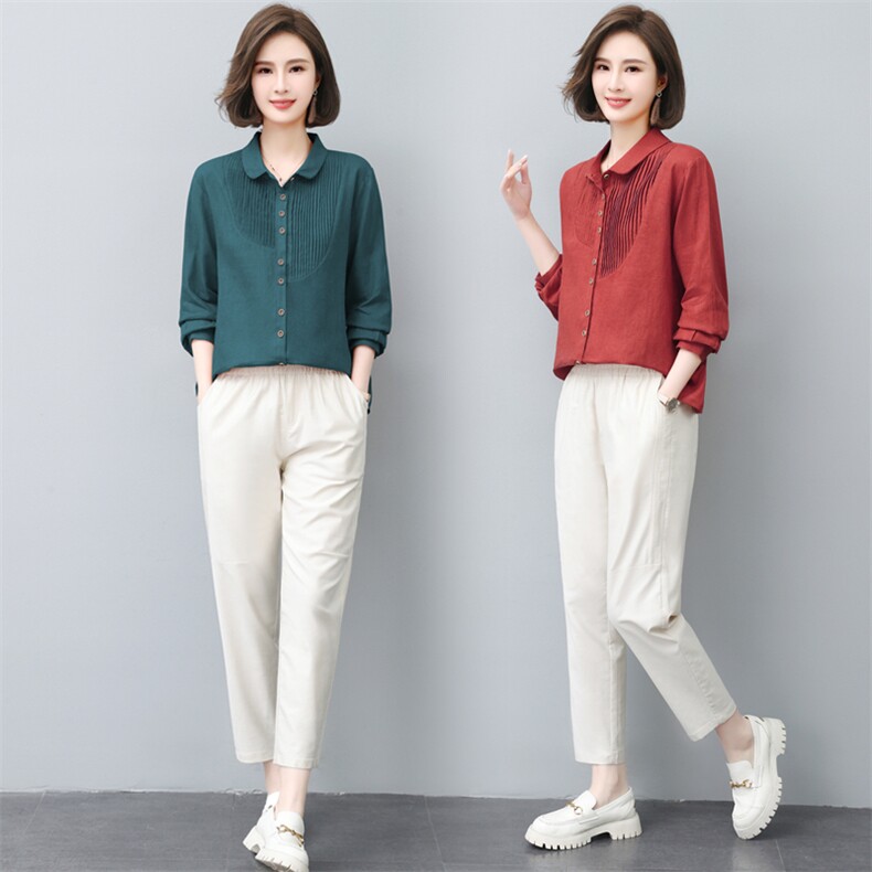棉麻休闲套装女2023年夏季大码宽松中年妈妈洋气衬衫亚麻裤两件套，女装套装/套裙，璐依舞