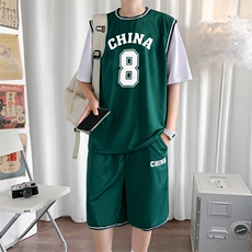 篮球服套装男港风潮流字母印花2023夏季新款T恤短袖短裤W2451-P35，男装休闲套装，星座412-2