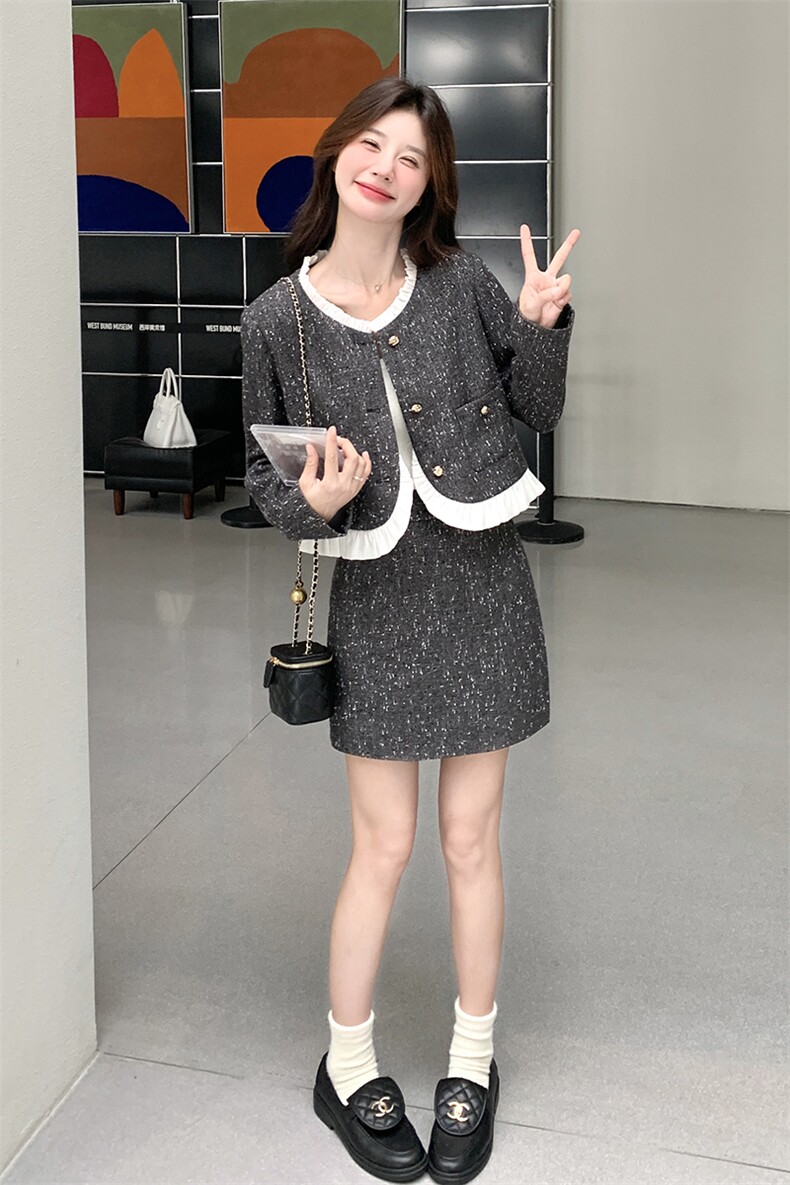 通勤休闲风时尚套装洋气连衣裙显瘦小个子秋季法式小香风气质长袖,女装套装/套裙,浪娴服饰