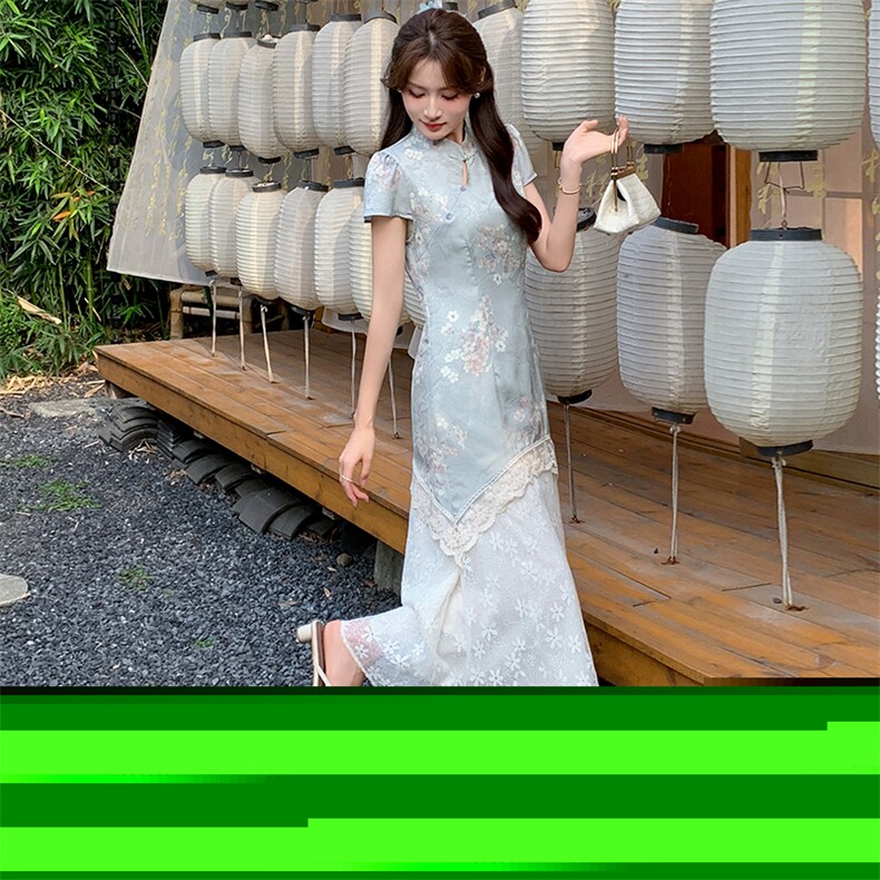 2025新中式国风改良印花短袖连衣裙子超好看修身假两件长裙子LXJ,女装连衣裙,玖莱伊