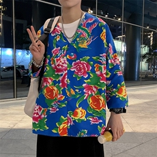 C7022男士休闲大码大花大V领七分袖T恤外套风民族特色套头TEE，男装T恤，星座115A(原星座507）