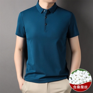 2025夏季新款男士短袖t恤宽松翻领高端上衣纯色冰丝打底衫,中年胖女星穿搭图片