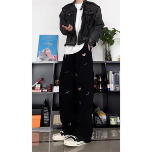 趣味小狗刺绣牛仔裤男款春秋季美式复古水洗做旧显瘦直筒百搭长裤图片