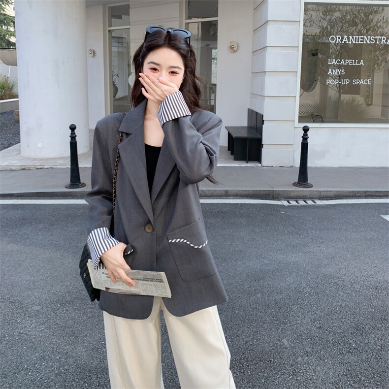 28081-7708-P145-K218春装新款灰色休闲百搭设计感西装外套,女装西装,浙宝210（原浙宝191）