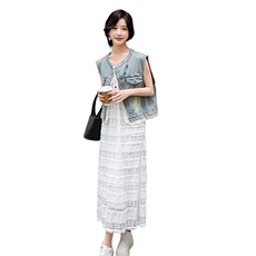 吊带马甲连衣裙套装女2024夏季新款海边度假风纯色长裙，女装套装/套裙，冬木谷雨