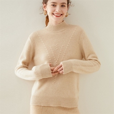 2025年秋季长袖套头V半高领女士绞花羊绒衫时尚百搭，女装针织衫/毛衣，贵皇羊绒四店