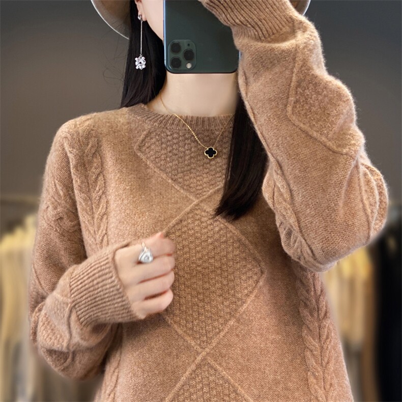 2025年秋季新款百搭女士菱形圆领套头衫,女装羊毛衫,春贝羊绒