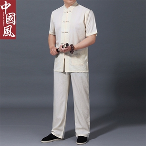 唐装2023夏季新款短袖上衣中山装风扣两件套男士宽松古风男装图片