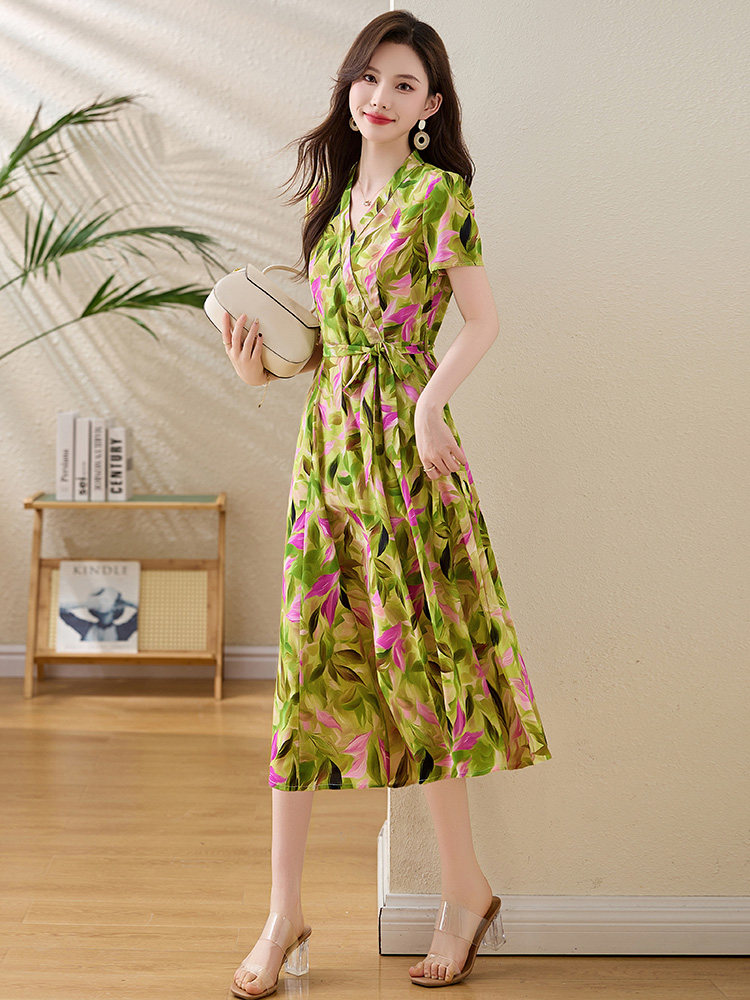 法式优雅气质碎花连衣裙女2025夏季新款收腰显瘦洋气妈妈过膝长裙,女装连衣裙,牡丹诺