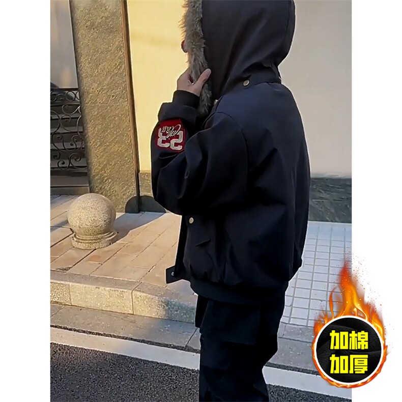 现货高品质美式高街重磅刺绣座山雕大毛毛领棉衣男女加厚棉服外套,男装棉衣,电商A443