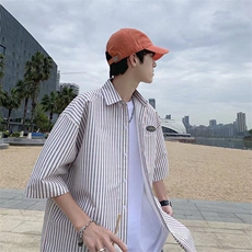潮潮流男慵懒日系条纹新款复古冰丝条纹短袖衬衫C85P30，男装衬衫，星座1116-2