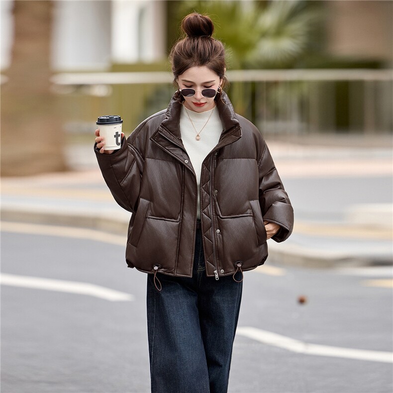 pu皮短款羽绒服女冬季2025新款小个子今年流行款加厚保暖外套立领,女装羽绒服,依万里