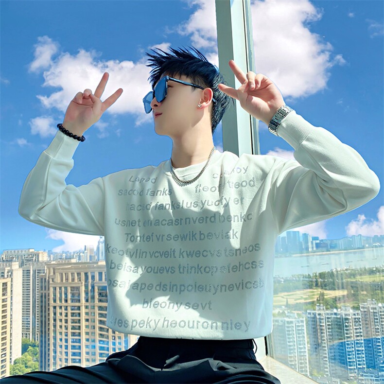 AW186/P78控108秋季社会小伙烫钻打底上衣百搭高级潮流卫衣男黑首图片