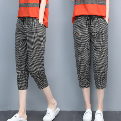 时尚洋气格子棉麻女夏胖mm大码减龄T恤上衣七分裤亚麻，女装休闲裤，璐依舞