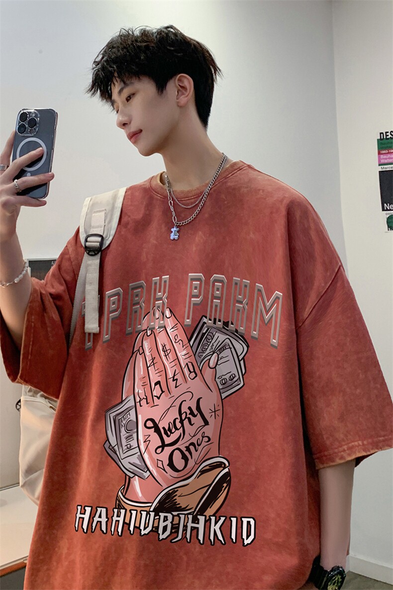 B239-1206-P38手握美金创意字母印花复古水洗做旧短袖T恤美式,男装T恤,星座514-2(原B239)