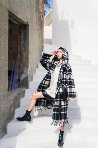 冬季新款黑白大格纹流苏双面呢大衣，女装，AUDREY WANG