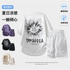 夏季美式潮牌发泡印花短袖T恤休闲短裤两件套装TZ888115特P45控88，男装牛仔裤，电商A309