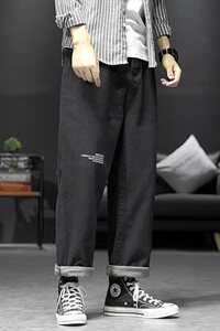 2021春秋季新大码男日系沙发墙字母印花直筒阔腿裤牛仔裤N8027-P50图片