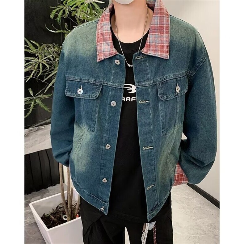 美式牛仔外套男春秋拼接格纹上衣小众设计感情侣夹克潮JN1238-p75,男装工装外套,星座302B