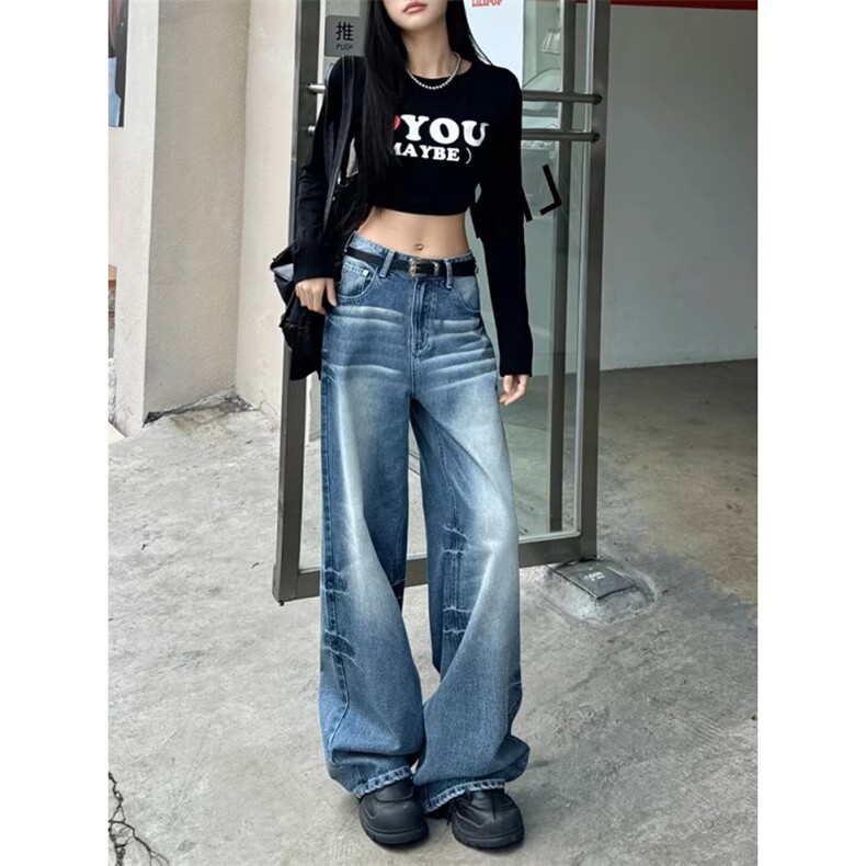 高街复古牛仔裤美式宽松百搭直筒阔腿拖地喇叭裤子-NZ702-网络图图片