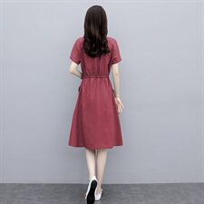 复古棉麻抽绳连衣裙，女装连衣裙，希欧阁