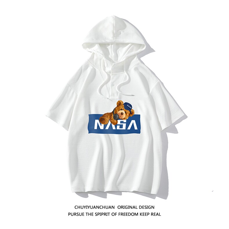 NASA 连帽短袖t恤男大码胖子带帽五分袖中袖  白底 LD54247-P45图片