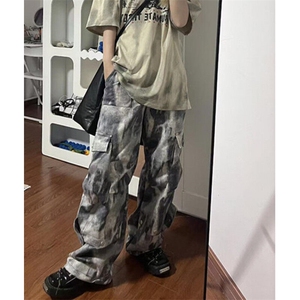 港风褶皱复古工装裤男迷彩街舞嘻哈多口袋宽松阔腿休闲裤 KY1630图片