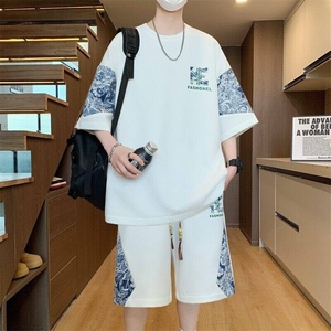 TZ25303-P55夏季休闲T恤短裤男两件套 港风学生宽松短袖运动套装图片