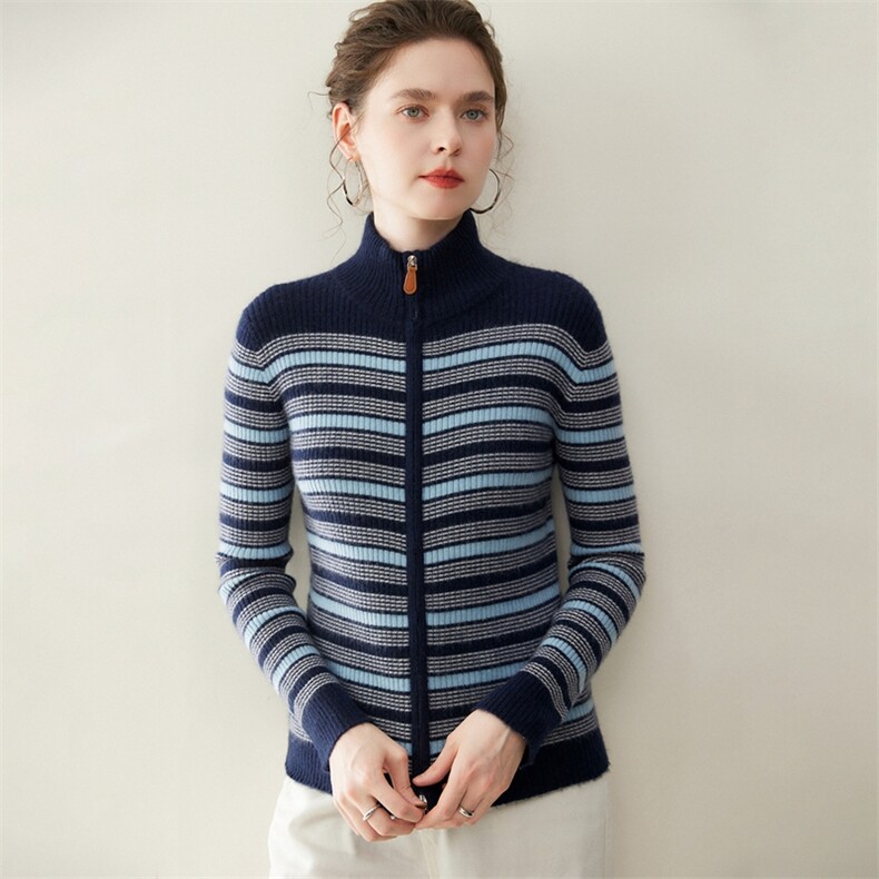 小禾同款~条纹拼色山羊绒开衫女立领修身显瘦双拉链针织毛衣外套，女装羊绒衫，纳丰羊绒