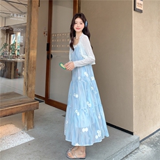 主推现货新款蓝色吊带配披肩连衣裙两件套P165-K245，女装套装/套裙，网红馆